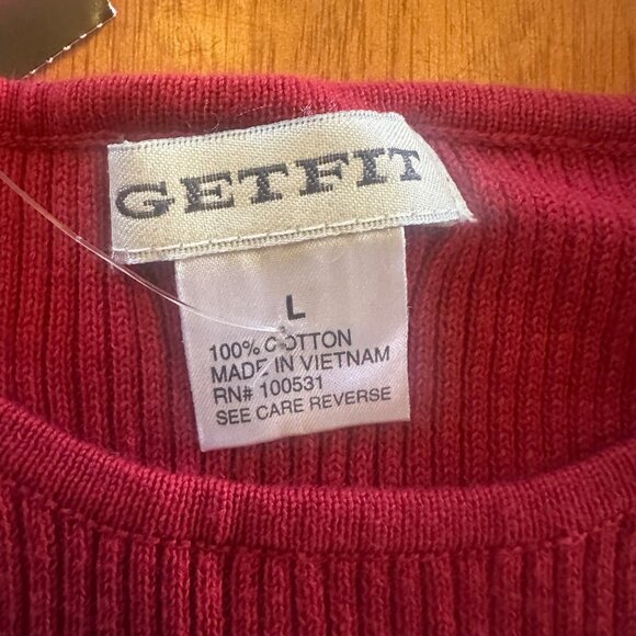 Vintage 90s GetFit Red Ribbed Cotton Short Sleeve Shirt L - Picture 3 of 6